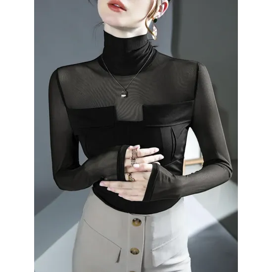 Gauze See-Through Split-Joint Long Sleeves Skinny High-Neck T-Shirts Tops Gauze See-Through Split-Joint Long Sleeves Skinny High-Neck T-Shirts Tops