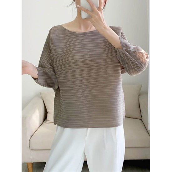 Casual Loose Three-Quarter Sleeves Pleated Solid Color Round-Neck T-Shirts Tops Casual Loose Three-Quarter Sleeves Pleated Solid Color Round-Neck T-Shirts Tops