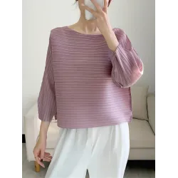 Casual Loose Three-Quarter Sleeves Pleated Solid Color Round-Neck T-Shirts Tops