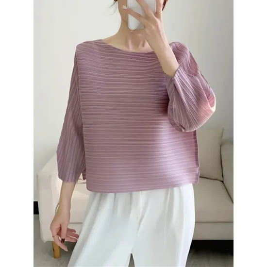 Casual Loose Three-Quarter Sleeves Pleated Solid Color Round-Neck T-Shirts Tops Casual Loose Three-Quarter Sleeves Pleated Solid Color Round-Neck T-Shirts Tops
