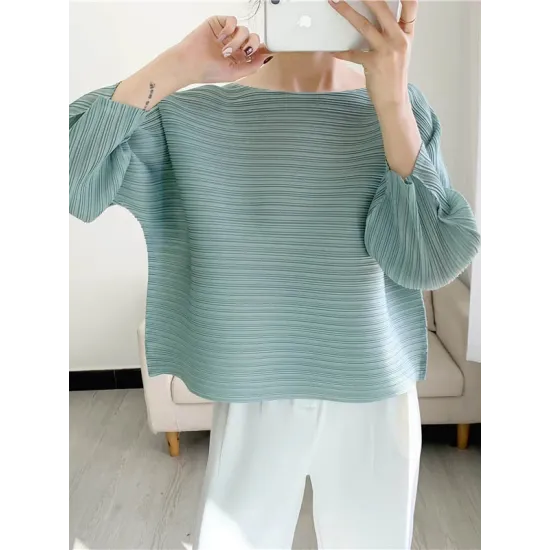 Casual Loose Three-Quarter Sleeves Pleated Solid Color Round-Neck T-Shirts Tops Casual Loose Three-Quarter Sleeves Pleated Solid Color Round-Neck T-Shirts Tops