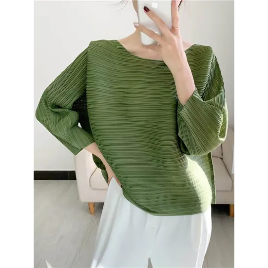 Casual Loose Three-Quarter Sleeves Pleated Solid Color Round-Neck T-Shirts Tops Casual Loose Three-Quarter Sleeves Pleated Solid Color Round-Neck T-Shirts Tops