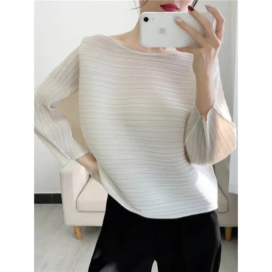 Casual Loose Three-Quarter Sleeves Pleated Solid Color Round-Neck T-Shirts Tops Casual Loose Three-Quarter Sleeves Pleated Solid Color Round-Neck T-Shirts Tops
