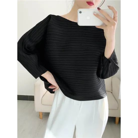 Casual Loose Three-Quarter Sleeves Pleated Solid Color Round-Neck T-Shirts Tops Casual Loose Three-Quarter Sleeves Pleated Solid Color Round-Neck T-Shirts Tops