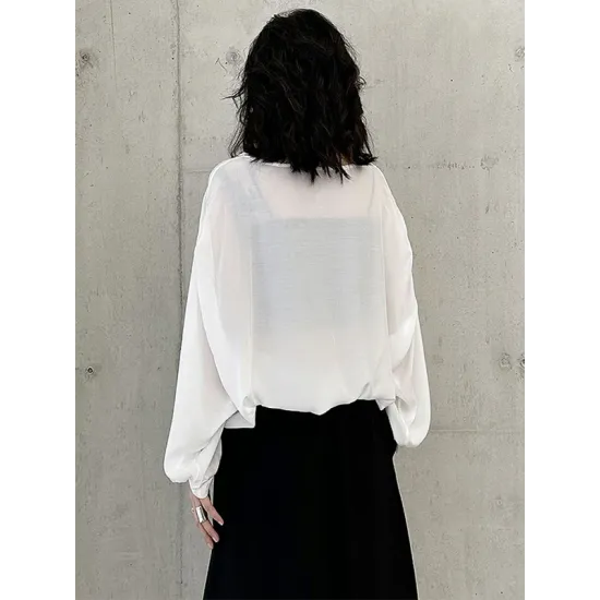 High-Low Sleeves See-Through Solid Color Round-Neck T-Shirts Tops High-Low Sleeves See-Through Solid Color Round-Neck T-Shirts Tops
