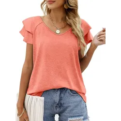 Falbala Solid Color Split-Joint Loose Short Sleeves V-Neck T-Shirts