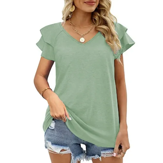Falbala Solid Color Split-Joint Loose Short Sleeves V-Neck T-Shirts Falbala Solid Color Split-Joint Loose Short Sleeves V-Neck T-Shirts
