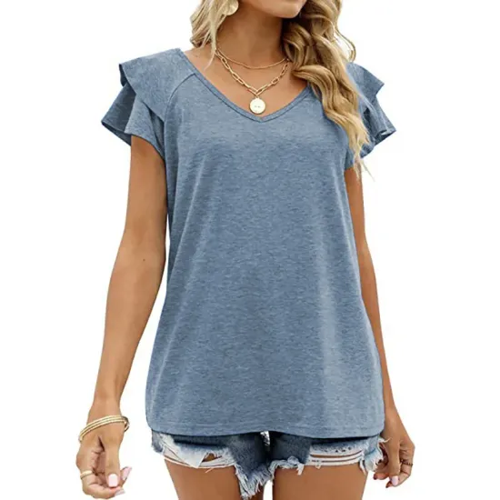 Falbala Solid Color Split-Joint Loose Short Sleeves V-Neck T-Shirts Falbala Solid Color Split-Joint Loose Short Sleeves V-Neck T-Shirts