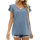 Falbala Solid Color Split-Joint Loose Short Sleeves V-Neck T-Shirts Falbala Solid Color Split-Joint Loose Short Sleeves V-Neck T-Shirts