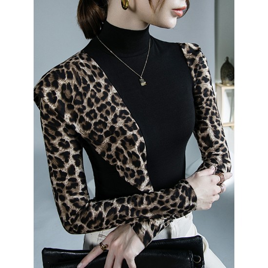 Leopard Split-Joint Long Sleeves Skinny High-Neck T-Shirts Tops Leopard Split-Joint Long Sleeves Skinny High-Neck T-Shirts Tops