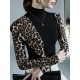 Leopard Split-Joint Long Sleeves Skinny High-Neck T-Shirts Tops Leopard Split-Joint Long Sleeves Skinny High-Neck T-Shirts Tops
