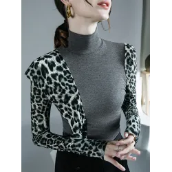 Leopard Split-Joint Long Sleeves Skinny High-Neck T-Shirts Tops