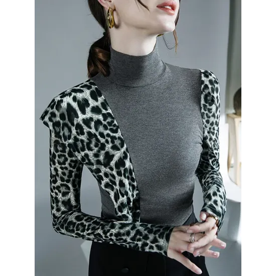 Leopard Split-Joint Long Sleeves Skinny High-Neck T-Shirts Tops Leopard Split-Joint Long Sleeves Skinny High-Neck T-Shirts Tops