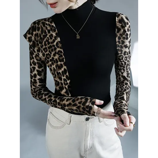 Leopard Split-Joint Long Sleeves Skinny High-Neck T-Shirts Tops Leopard Split-Joint Long Sleeves Skinny High-Neck T-Shirts Tops