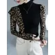 Leopard Split-Joint Long Sleeves Skinny High-Neck T-Shirts Tops Leopard Split-Joint Long Sleeves Skinny High-Neck T-Shirts Tops