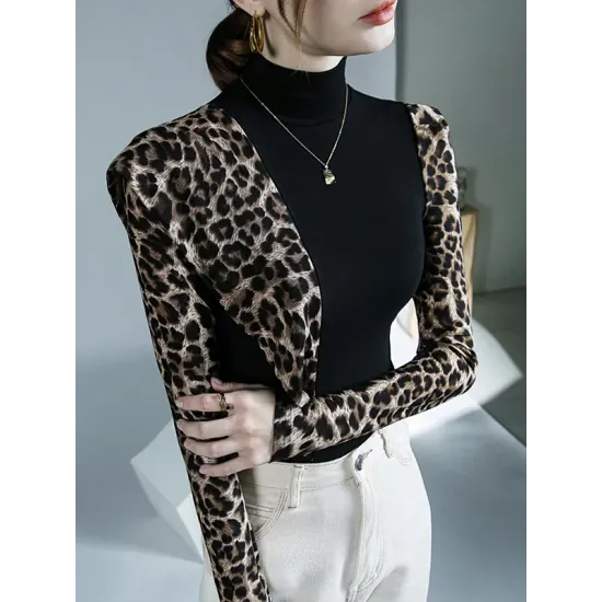 Leopard Split-Joint Long Sleeves Skinny High-Neck T-Shirts Tops Leopard Split-Joint Long Sleeves Skinny High-Neck T-Shirts Tops