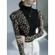 Leopard Split-Joint Long Sleeves Skinny High-Neck T-Shirts Tops Leopard Split-Joint Long Sleeves Skinny High-Neck T-Shirts Tops