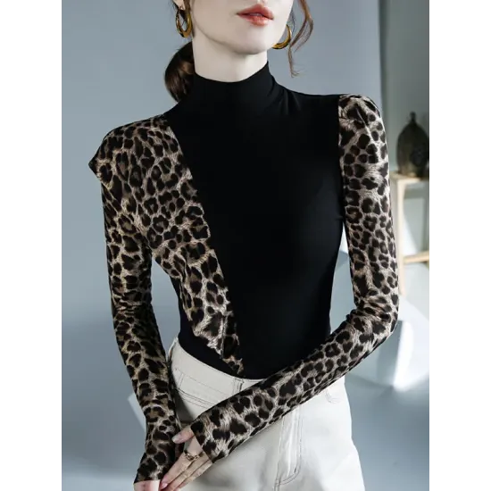 Leopard Split-Joint Long Sleeves Skinny High-Neck T-Shirts Tops Leopard Split-Joint Long Sleeves Skinny High-Neck T-Shirts Tops