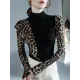 Leopard Split-Joint Long Sleeves Skinny High-Neck T-Shirts Tops Leopard Split-Joint Long Sleeves Skinny High-Neck T-Shirts Tops