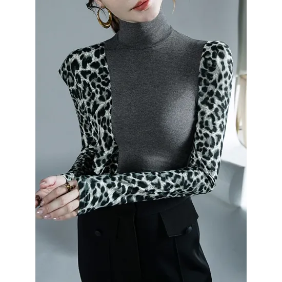 Leopard Split-Joint Long Sleeves Skinny High-Neck T-Shirts Tops Leopard Split-Joint Long Sleeves Skinny High-Neck T-Shirts Tops