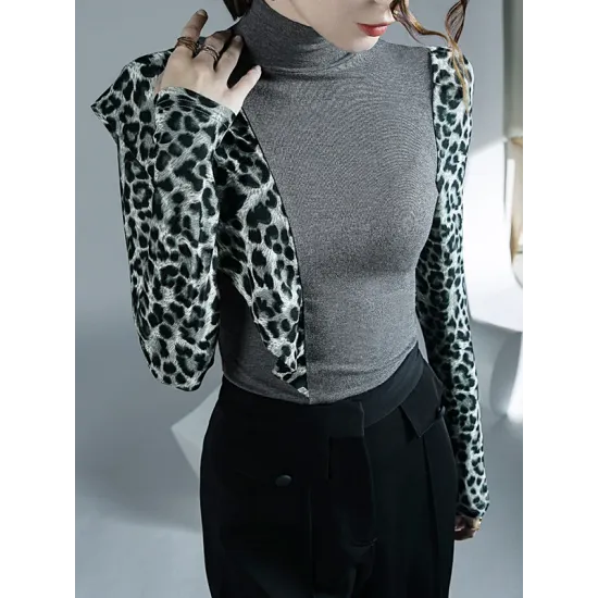 Leopard Split-Joint Long Sleeves Skinny High-Neck T-Shirts Tops Leopard Split-Joint Long Sleeves Skinny High-Neck T-Shirts Tops
