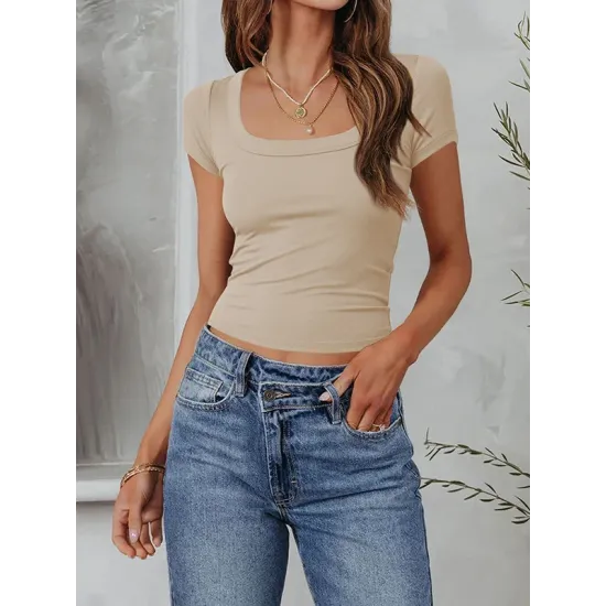 Solid Color Short Sleeves Skinny Square-neck T-Shirts Tops Solid Color Short Sleeves Skinny Square-neck T-Shirts Tops