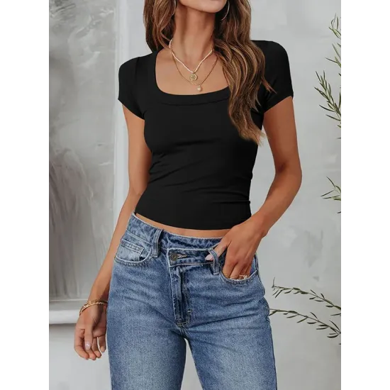 Solid Color Short Sleeves Skinny Square-neck T-Shirts Tops Solid Color Short Sleeves Skinny Square-neck T-Shirts Tops