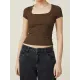 Solid Color Short Sleeves Skinny Square-neck T-Shirts Tops Solid Color Short Sleeves Skinny Square-neck T-Shirts Tops