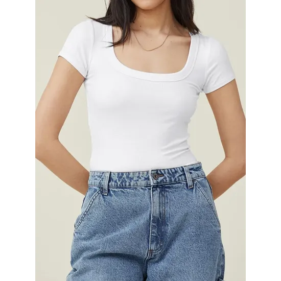 Solid Color Short Sleeves Skinny Square-neck T-Shirts Tops Solid Color Short Sleeves Skinny Square-neck T-Shirts Tops