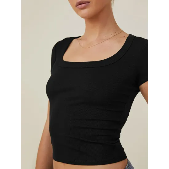 Solid Color Short Sleeves Skinny Square-neck T-Shirts Tops Solid Color Short Sleeves Skinny Square-neck T-Shirts Tops