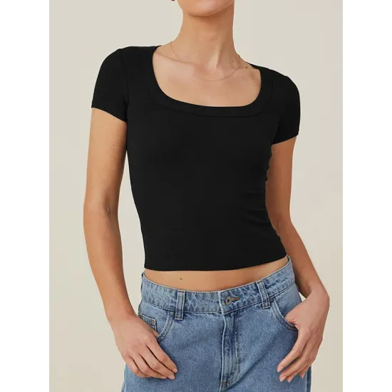 Solid Color Short Sleeves Skinny Square-neck T-Shirts Tops Solid Color Short Sleeves Skinny Square-neck T-Shirts Tops