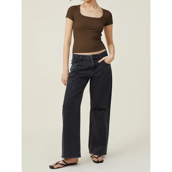Solid Color Short Sleeves Skinny Square-neck T-Shirts Tops Solid Color Short Sleeves Skinny Square-neck T-Shirts Tops
