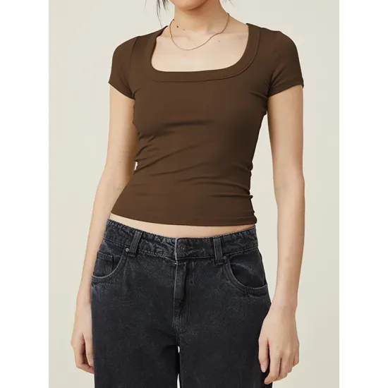 Solid Color Short Sleeves Skinny Square-neck T-Shirts Tops Solid Color Short Sleeves Skinny Square-neck T-Shirts Tops
