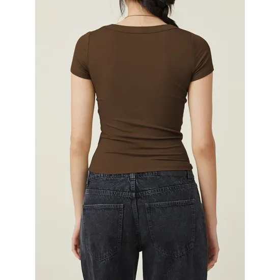 Solid Color Short Sleeves Skinny Square-neck T-Shirts Tops Solid Color Short Sleeves Skinny Square-neck T-Shirts Tops