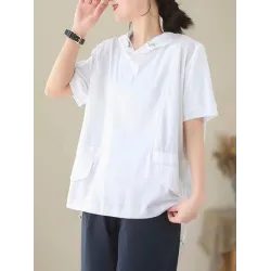 Drawstring Solid Color Split-Joint Hooded Loose Hooded T-Shirts Tops