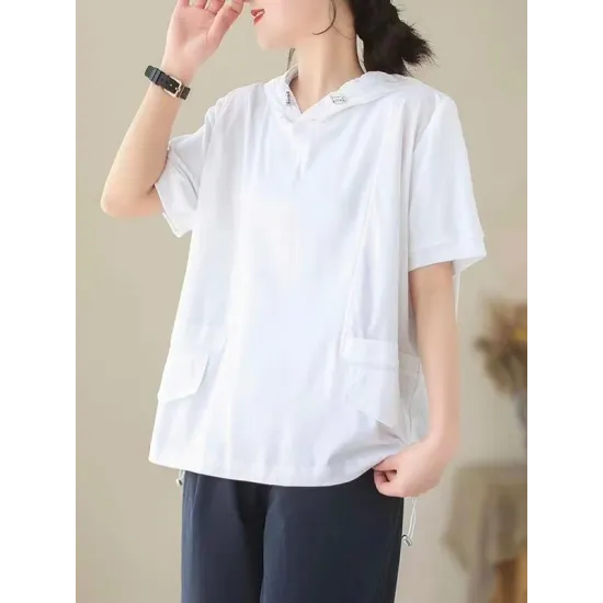Drawstring Solid Color Split-Joint Hooded Loose Hooded T-Shirts Tops Drawstring Solid Color Split-Joint Hooded Loose Hooded T-Shirts Tops