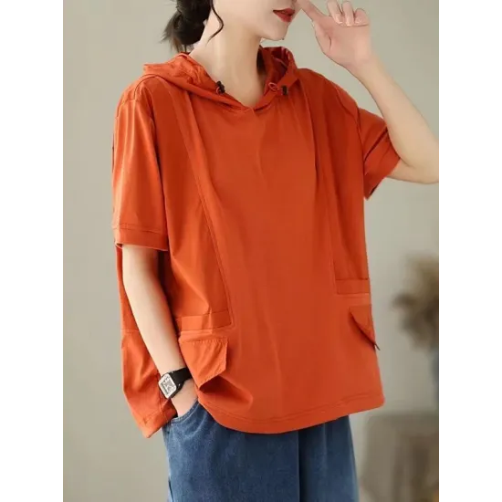 Drawstring Solid Color Split-Joint Hooded Loose Hooded T-Shirts Tops Drawstring Solid Color Split-Joint Hooded Loose Hooded T-Shirts Tops
