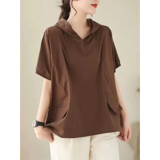 Drawstring Solid Color Split-Joint Hooded Loose Hooded T-Shirts Tops Drawstring Solid Color Split-Joint Hooded Loose Hooded T-Shirts Tops