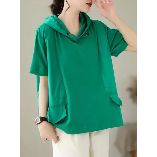 Drawstring Solid Color Split-Joint Hooded Loose Hooded T-Shirts Tops Drawstring Solid Color Split-Joint Hooded Loose Hooded T-Shirts Tops
