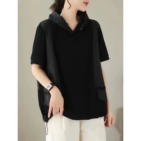 Drawstring Solid Color Split-Joint Hooded Loose Hooded T-Shirts Tops Drawstring Solid Color Split-Joint Hooded Loose Hooded T-Shirts Tops