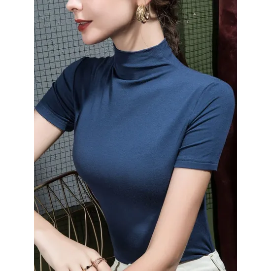 Solid Color Short Sleeves Skinny High-Neck T-Shirts Tops Solid Color Short Sleeves Skinny High-Neck T-Shirts Tops