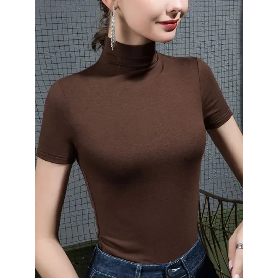 Solid Color Short Sleeves Skinny High-Neck T-Shirts Tops Solid Color Short Sleeves Skinny High-Neck T-Shirts Tops