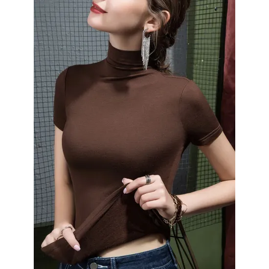 Solid Color Short Sleeves Skinny High-Neck T-Shirts Tops Solid Color Short Sleeves Skinny High-Neck T-Shirts Tops