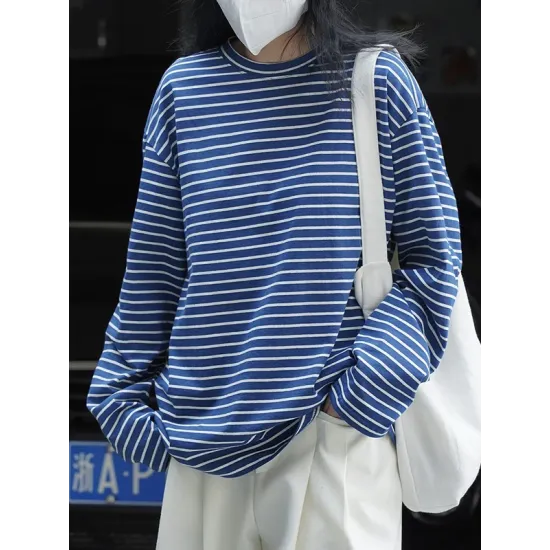 Striped Long Sleeves Round-neck T-Shirts Tops