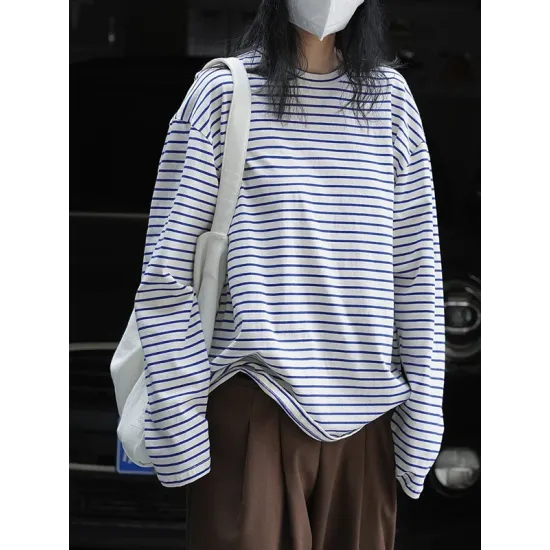 Striped Long Sleeves Round-neck T-Shirts Tops