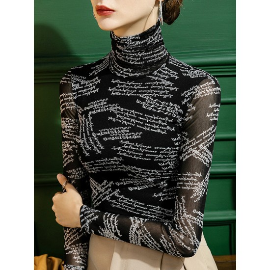 Gauze Letter Print Long Sleeves Skinny High-Neck T-Shirts Gauze Letter Print Long Sleeves Skinny High-Neck T-Shirts