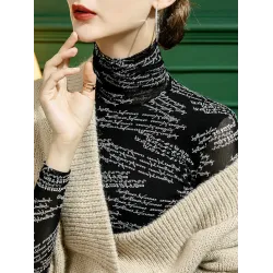 Gauze Letter Print Long Sleeves Skinny High-Neck T-Shirts