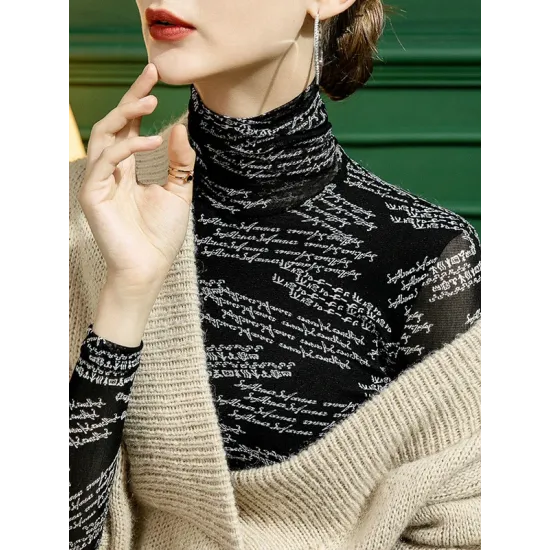 Gauze Letter Print Long Sleeves Skinny High-Neck T-Shirts Gauze Letter Print Long Sleeves Skinny High-Neck T-Shirts