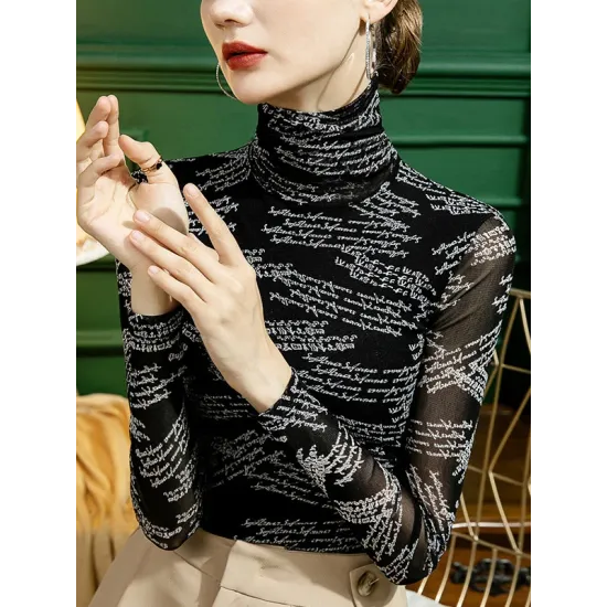 Gauze Letter Print Long Sleeves Skinny High-Neck T-Shirts Gauze Letter Print Long Sleeves Skinny High-Neck T-Shirts