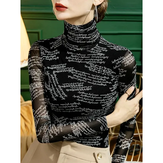 Gauze Letter Print Long Sleeves Skinny High-Neck T-Shirts Gauze Letter Print Long Sleeves Skinny High-Neck T-Shirts